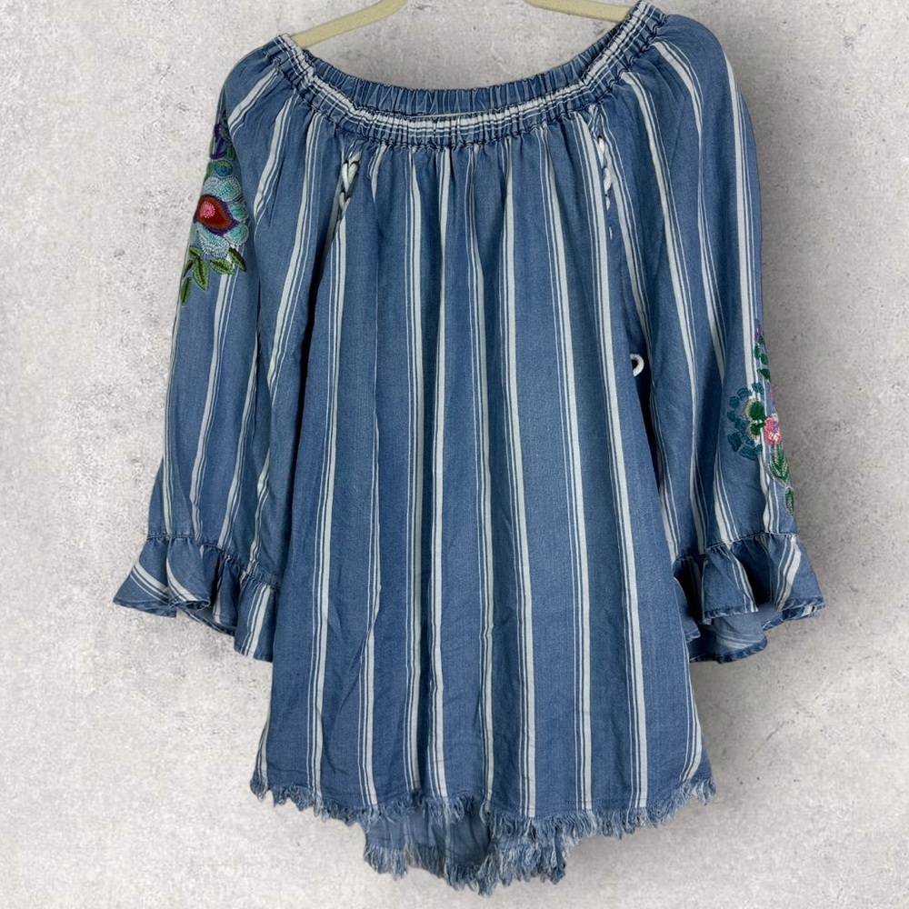 Ali Miles Blue White Striped Floral Embroidery Tunic Top Size Large Off Shoulder